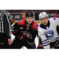 Wenatchee Wild forward Tye Spencer (right) lines up for a faceoff next to Moose Jaw's Riley Thorpe