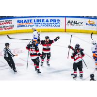 Belleville Senators react following a goal