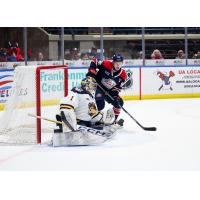 Saginaw Spirit left wing Kristian Epperson looks for a shot against the Erie Otters