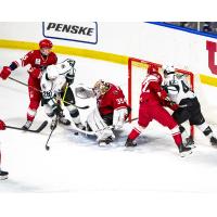 Allen Americans goaltender Anson Thornton makes a stop against the Utah Grizzlies