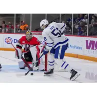 Belleville Senators' Leevi Meriläinen battles Toronto Marlies' Cédric Paré