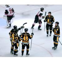 Wheeling Nailers gather after a goal against the Bloomington Bison