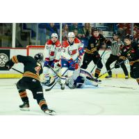 Vancouver Giants defenceman Ryan Lin lets a shot fly against the Spokane Chiefs