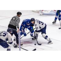 Worcester Railers forward Matt DeMelis (right) faces off with the Trois-Rivières Lions