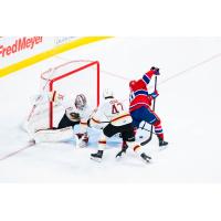 Vancouver Giants goaltender Burke Hood faces pressure from the Spokane Chiefs